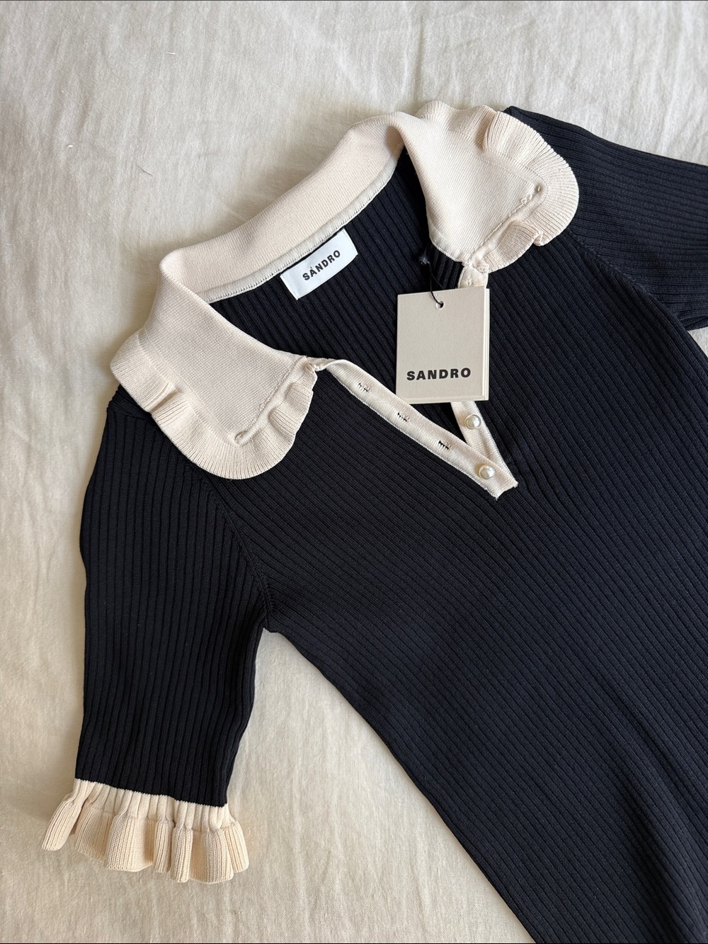 NWT Sandro Women’s Black Polo Top with Cream Ruffle Collar